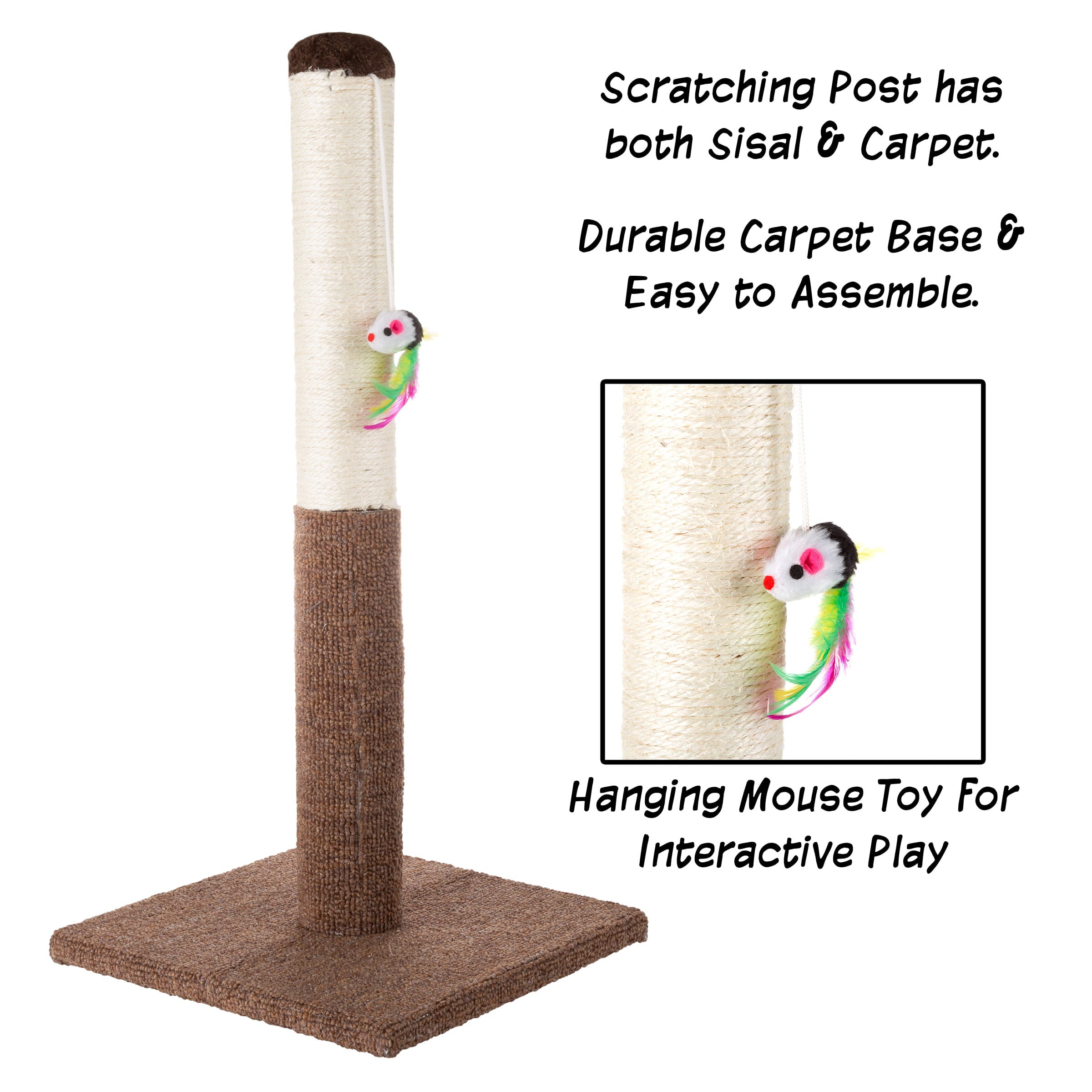 Cat Scratching Post with Carpeted Base – 24.5-Inch Sisal Fabric Scratcher with Hanging Mouse Toy for Adult Cats and Kittens by PETMAKER (Brown)