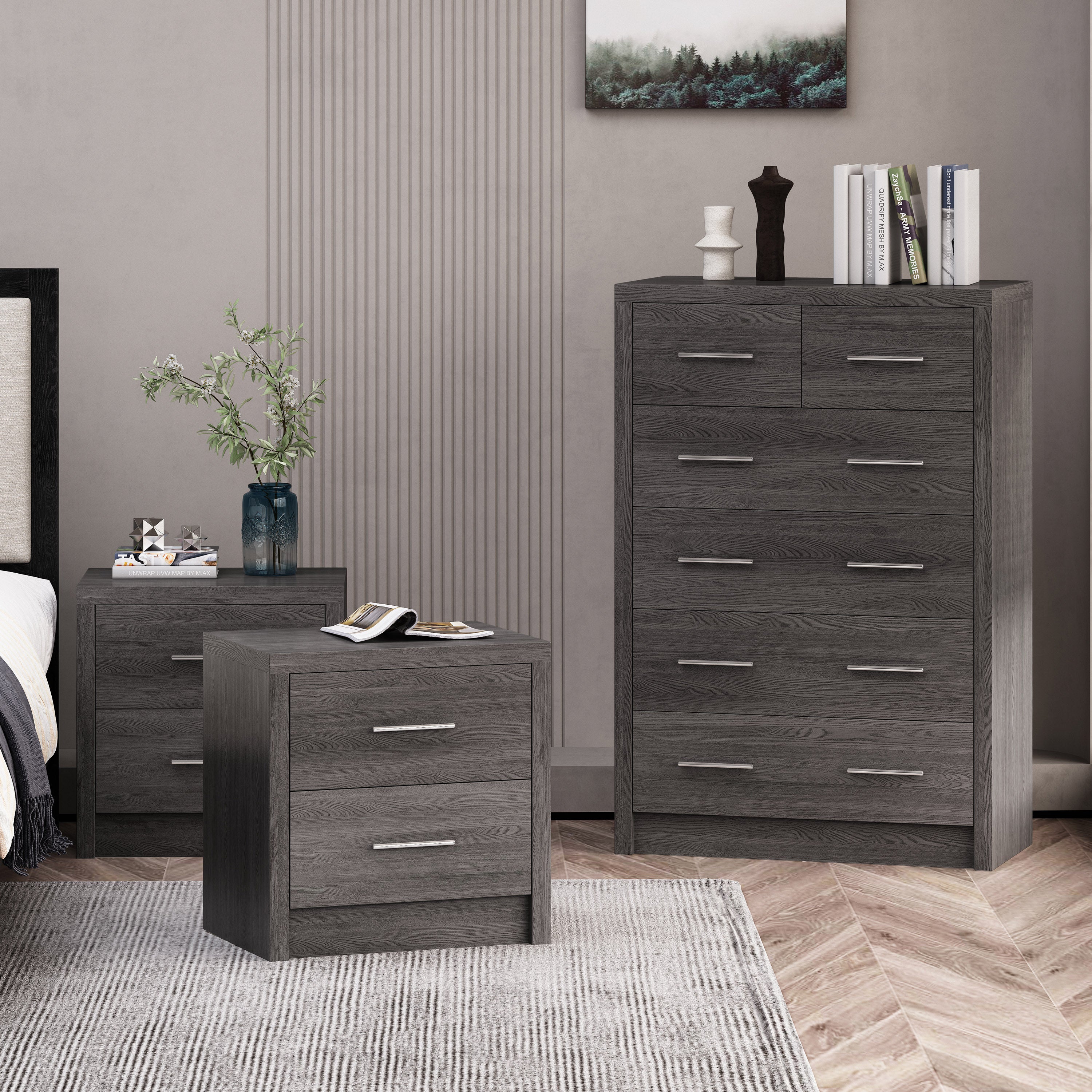 Marlette Modern 3 Piece 6 Drawer Dresser and Nightstand Bedroom Set