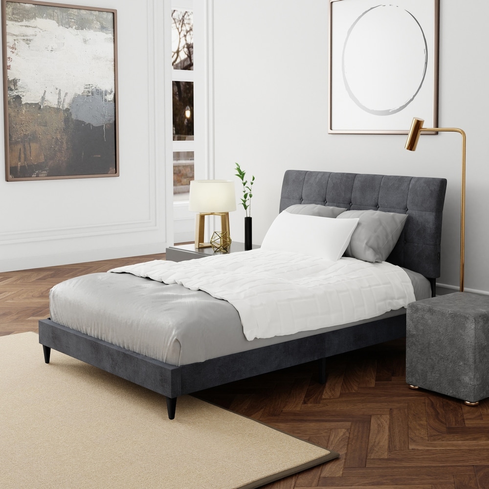 Hillsdale Furniture Blakely Button Tufted Upholstered Platform Bed w/ 2 Dual USB Ports  Dark Gray