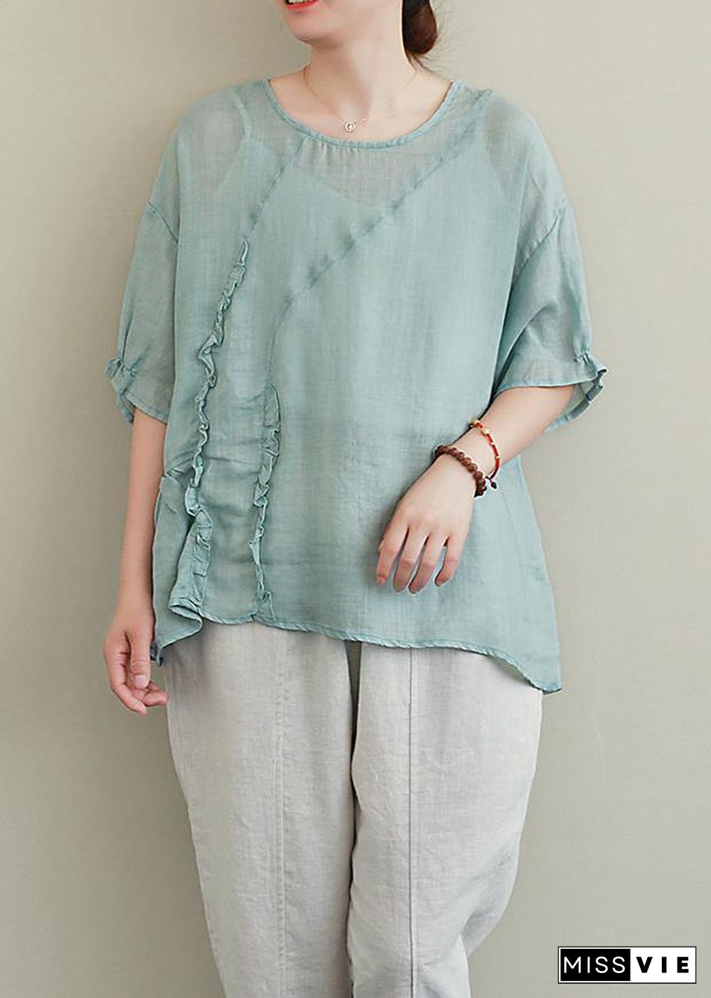 diy green linen tops o neck Ruffles oversized blouses