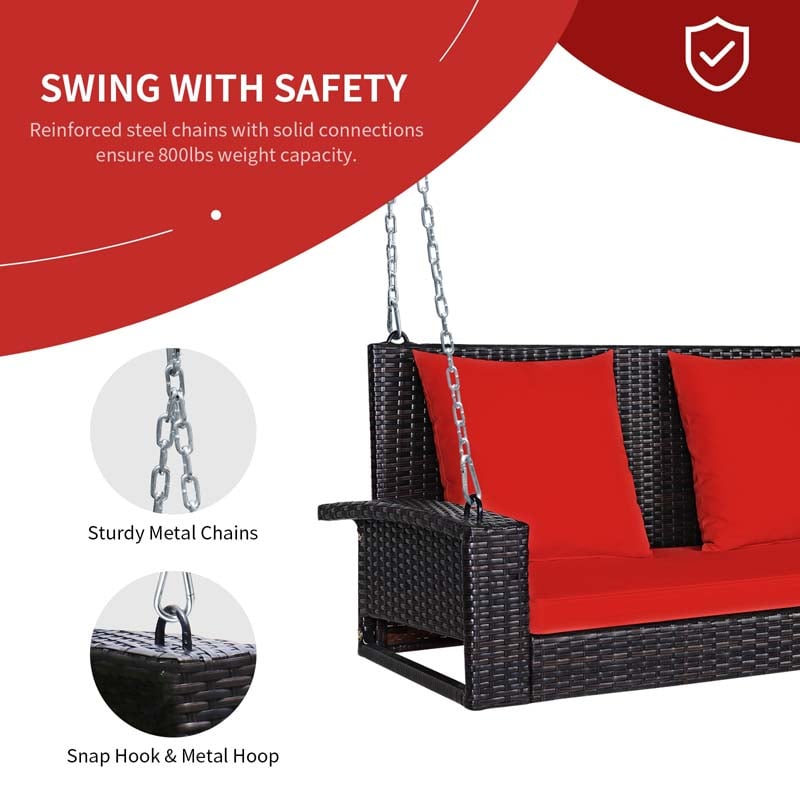 2-Person Rattan Wicker Outdoor Patio Hanging Porch Swing Bench Chair with Sturdy Steel Chain & Cushions