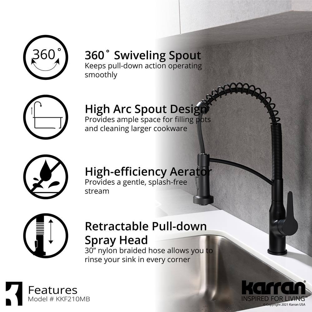 Karran Scottsdale Single Handle Pull Down Sprayer Kitchen Faucet in Matte Black KKF210MB