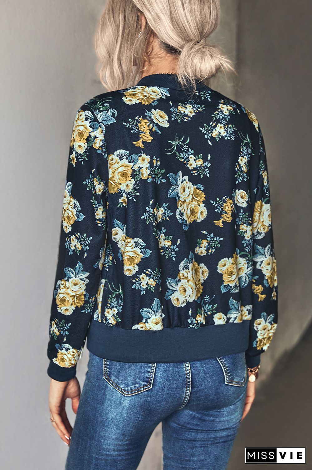 Front Open Zipper Floral Print Jackets