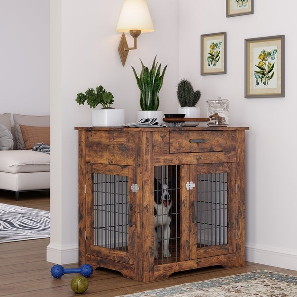 Mieres Double Door Wooden End Table Dog Crate with Double Doors， Indoor Pet Kennel Side Table with Storage Drawer