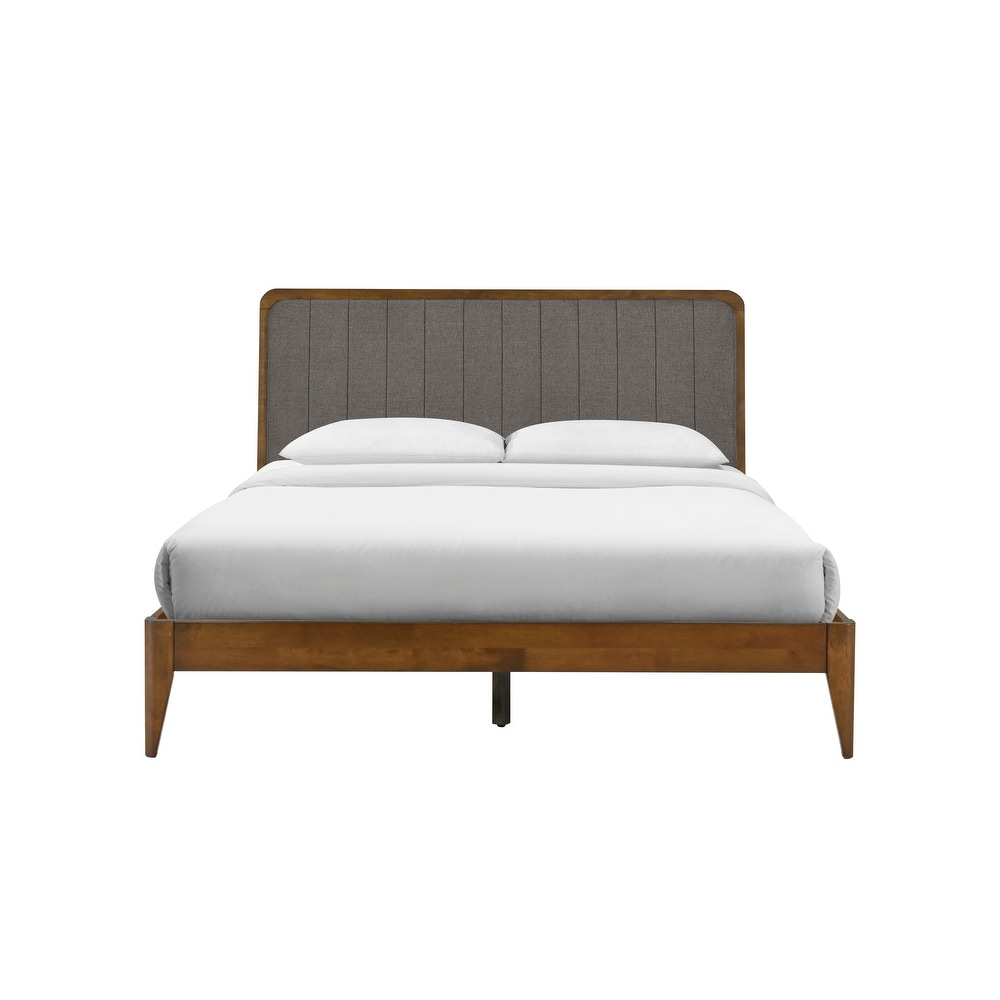 Raven Grey Upholstered Walnut Wood Queen Platform Bed Frame