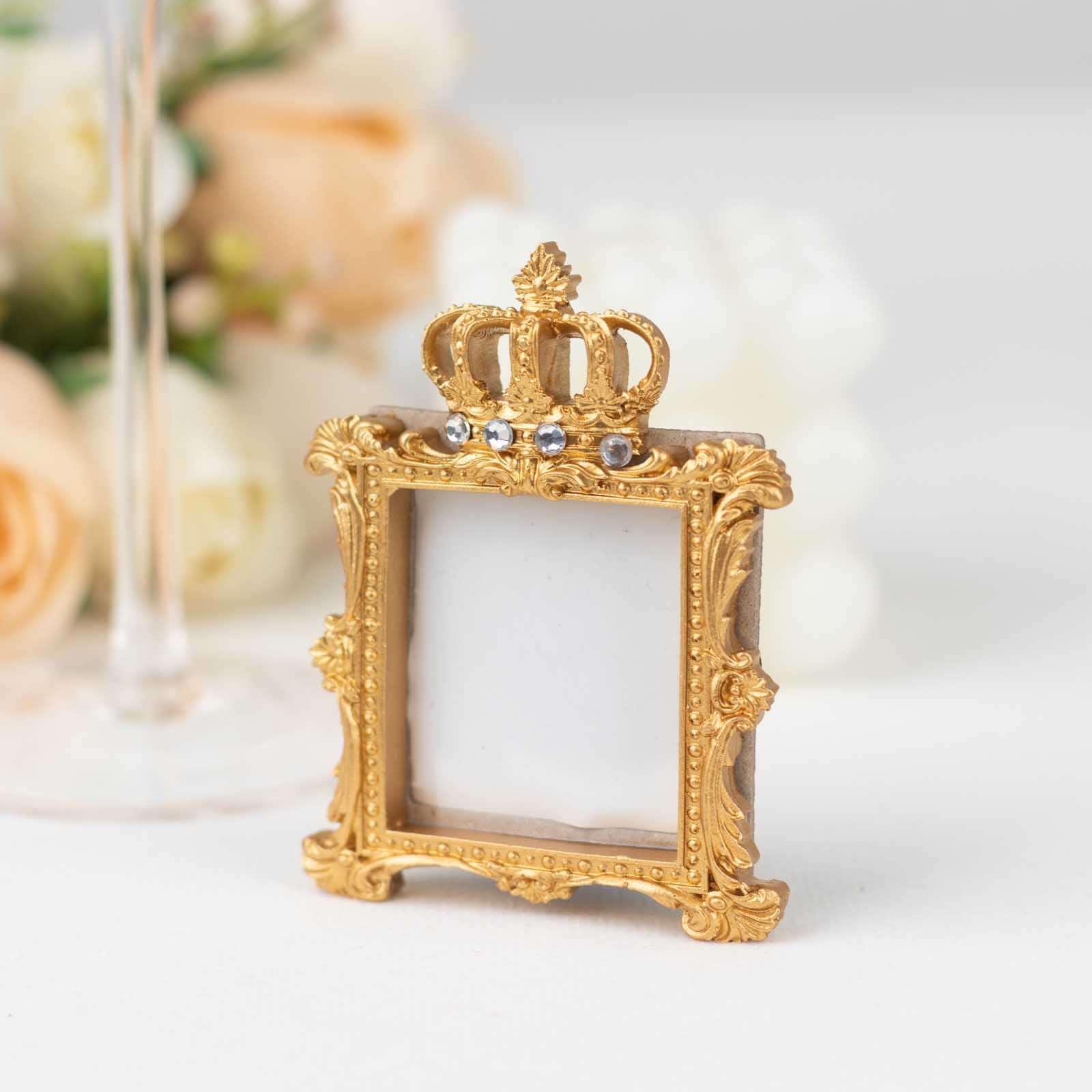 4 Pack Gold Resin Royal Crown Square Party Favors Picture Frame, Baroque Wedding Place Card Holders - 3.5