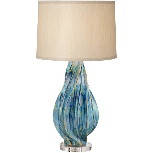 Tall Teal Blue Ceramic With Table Top Dimmer Beige Fabric Drum Shade For Bedroom Living Room Bedside