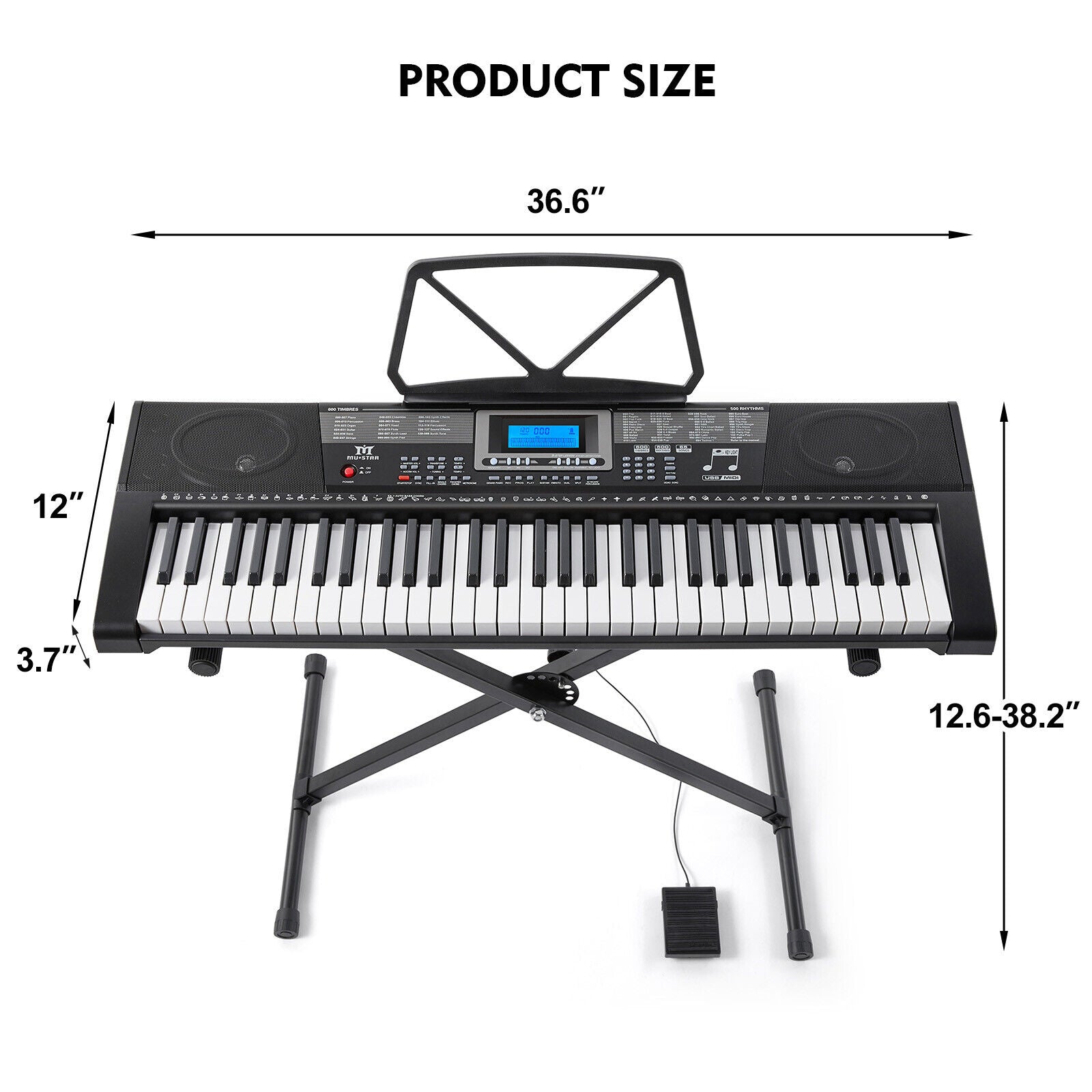 Mustar 61 Lighted Keys Electronic Keyboard Piano Set with USB MIDI， Headphones， Microphone， Sustain Pedal， Stand for Beginner