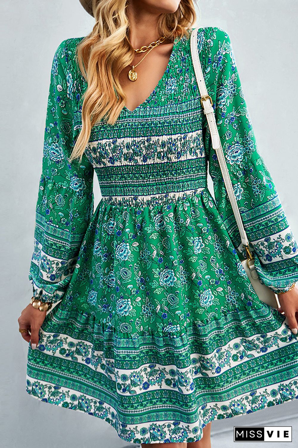 V Neck Smocked Boho Floral Long Sleeves Dress