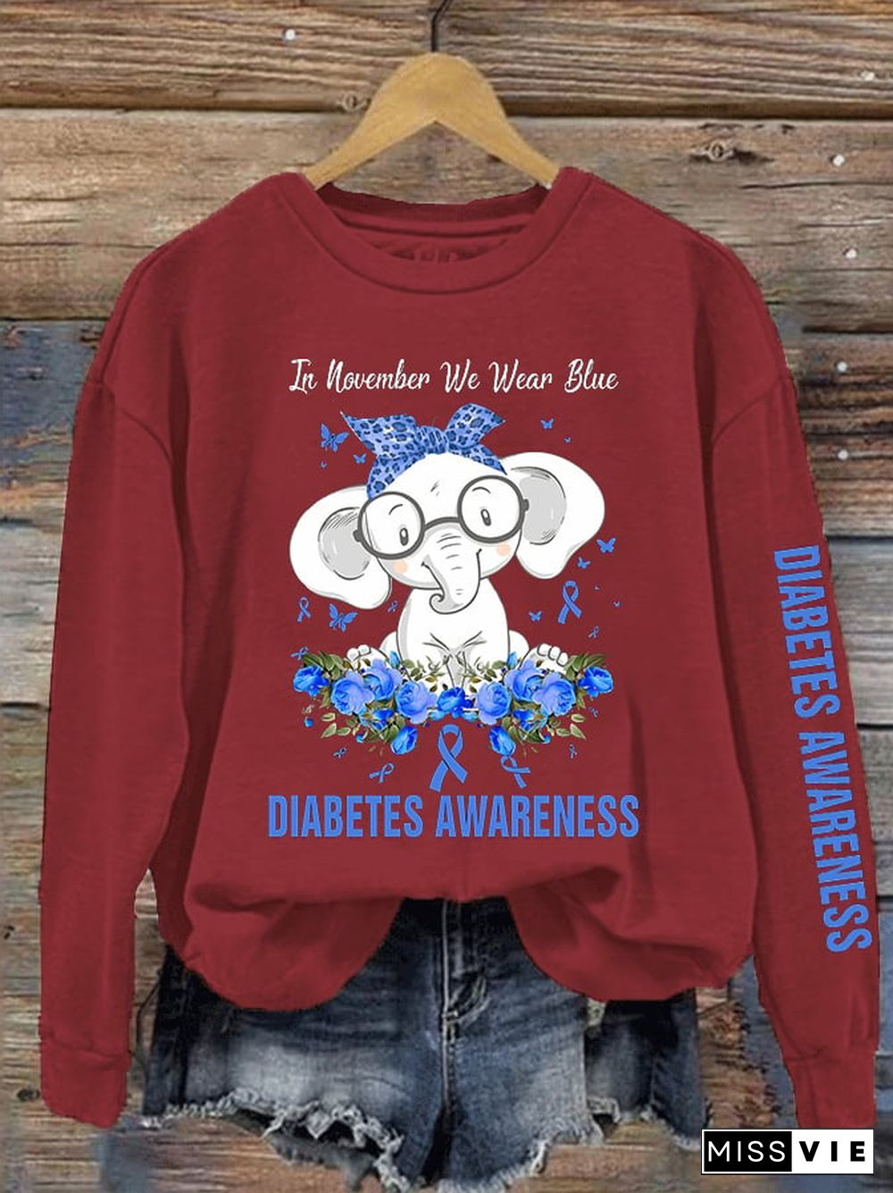 Women's Diabetes Awareness In November We Wear Blue Elephant Print Sweatshirt