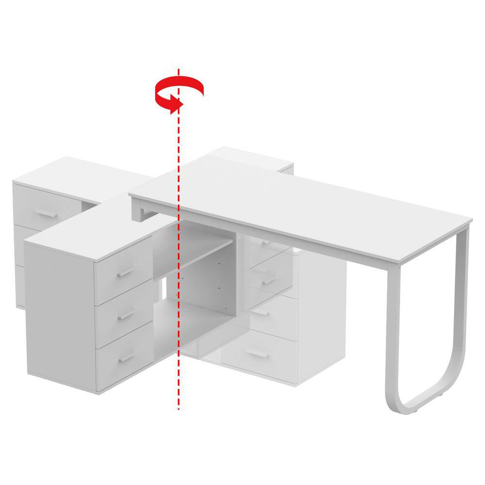 FUFUGAGA 55.1 in. L-Shaped White Wood Writing Desk Corner Gaming Desk With 2-Tier Shelves and 3-Drawers Home Office Use KF210009-02-c