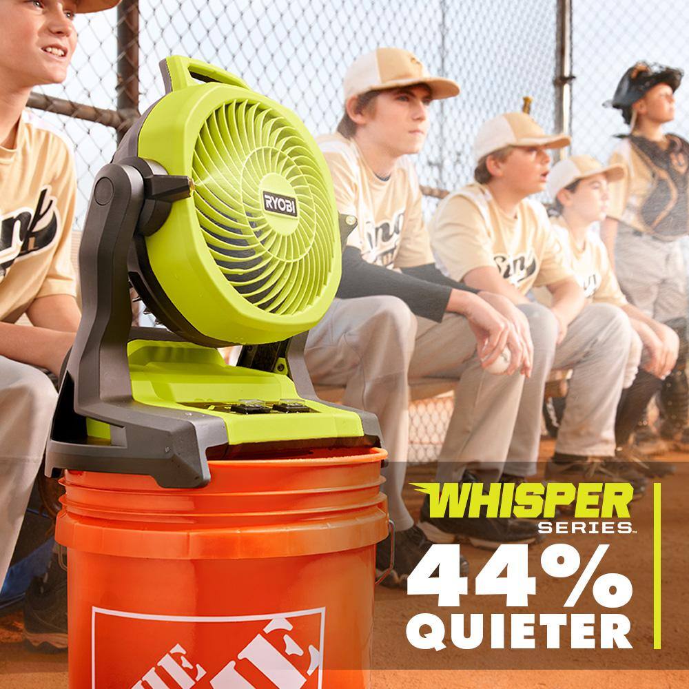 RYOBI ONE+ 18V Cordless Hybrid WHISPER SERIES Misting Air Cannon Fan and Bucket Top Misting Fan Kit w Batteries  Chargers PCL851K-PCL850K1