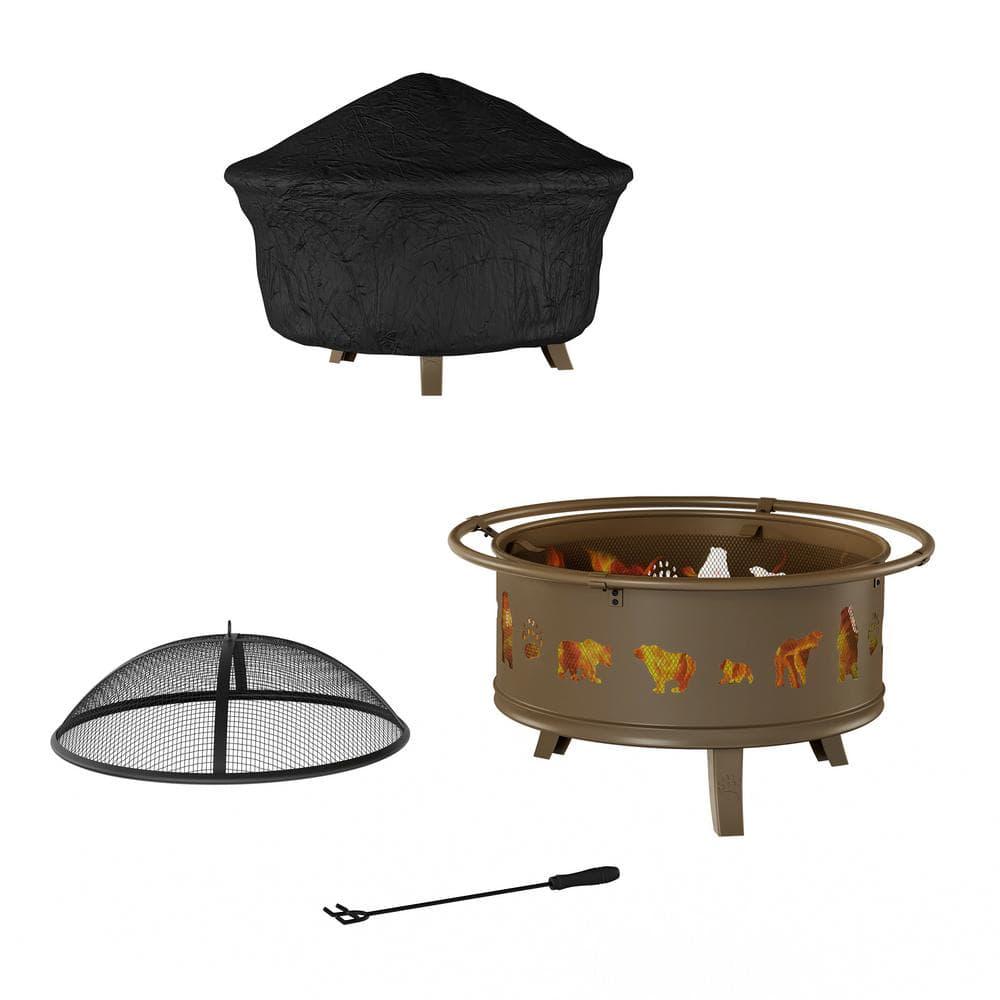 Pure Garden 32 in W x 25 in H Round Steel Wood Burning Outdoor Deep Fire Pit in Antique Gold with Bear Cutouts