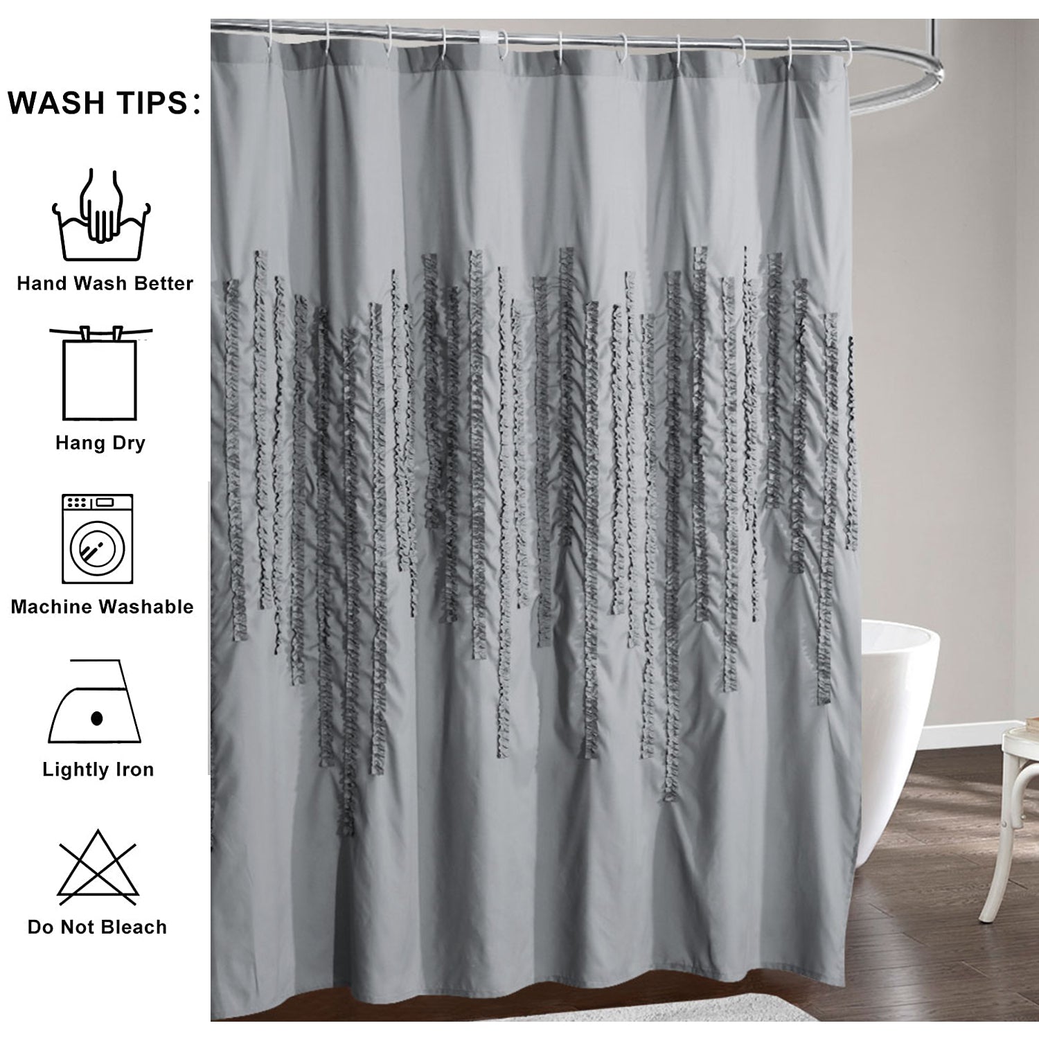 HIG Luxurious Gray and White Farmhouse Unique Pleated Cloth Fabric Shower Curtain 72x72 Extra Long Bathroom Curtain