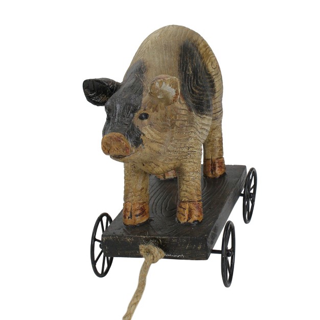 Black And White Wood Textured Pig On Cart Outdoor Garden Statue