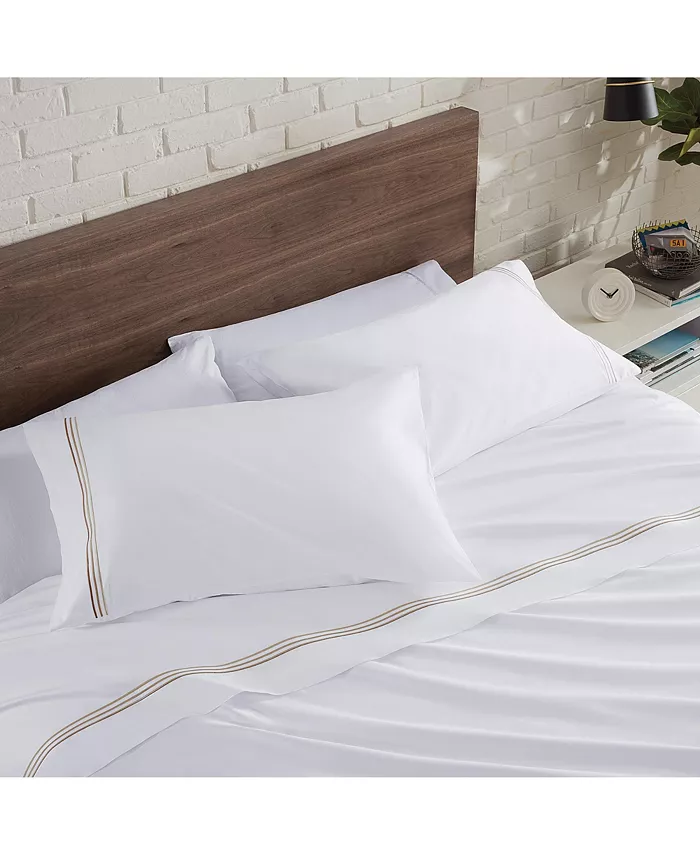 Aston and Arden Sateen King Sheet Set， 1 Flat Sheet， 1 Fitted Sheet， 2 Pillowcases， 600 Thread Count， Sateen Cotton， Pristine White with Fine Baratta Embroidered 3-Striped Hem