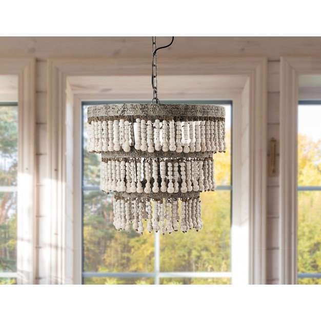 3 tier Round Metal Chandelier With 3 Lights And Hanging Wood Beads Cream Storied Home