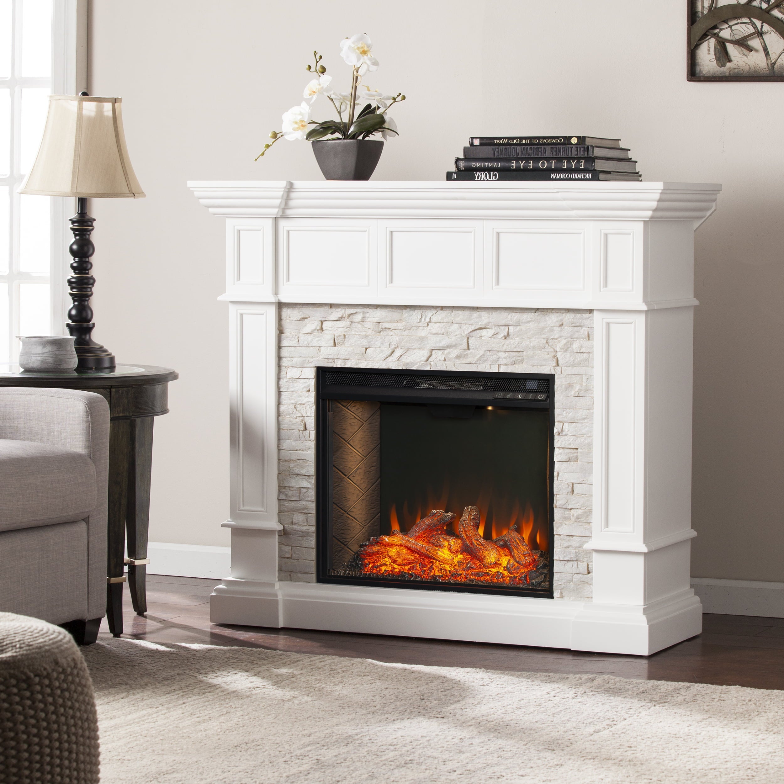 SEI Addao Freestanding Smart Convertible Corner Fireplace in White with Faux Stone