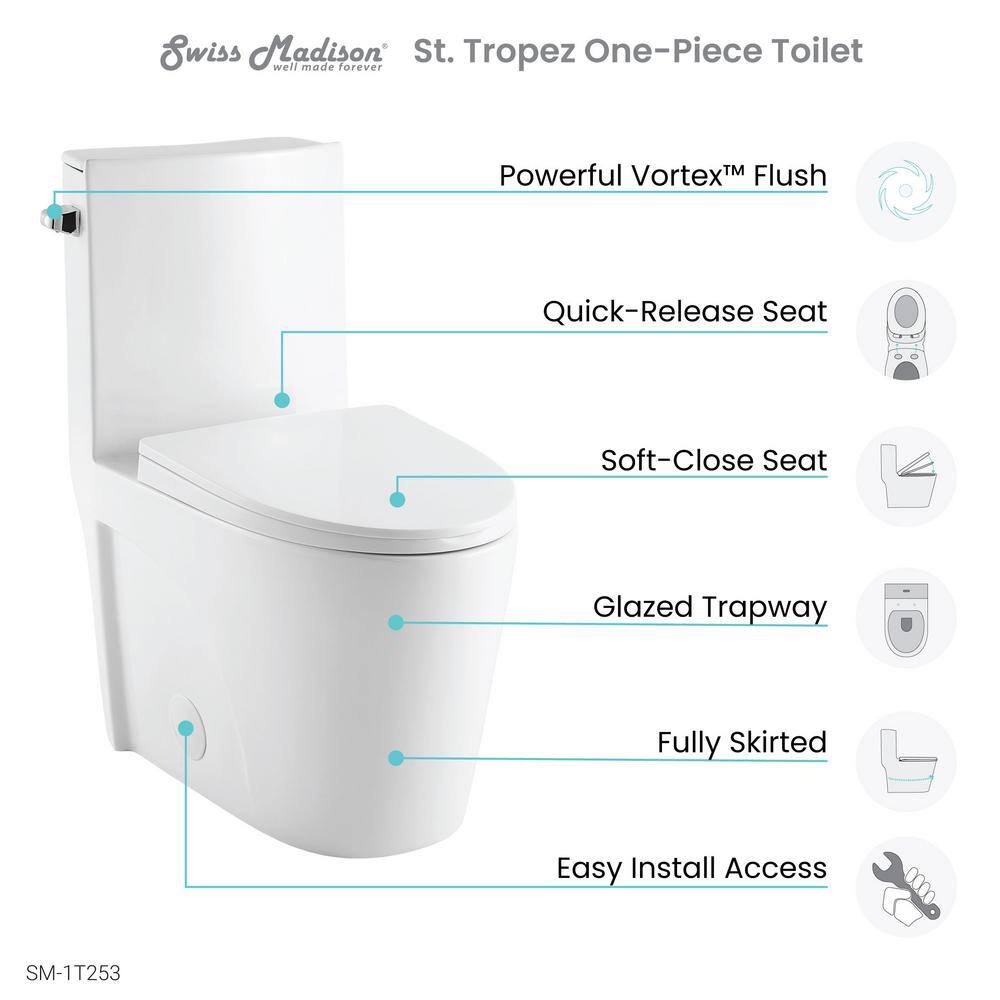 Swiss Madison St. Tropez 1-Piece 1.28 GPF Single Flush Elongated Toilet in White Seat Included SM-1T253