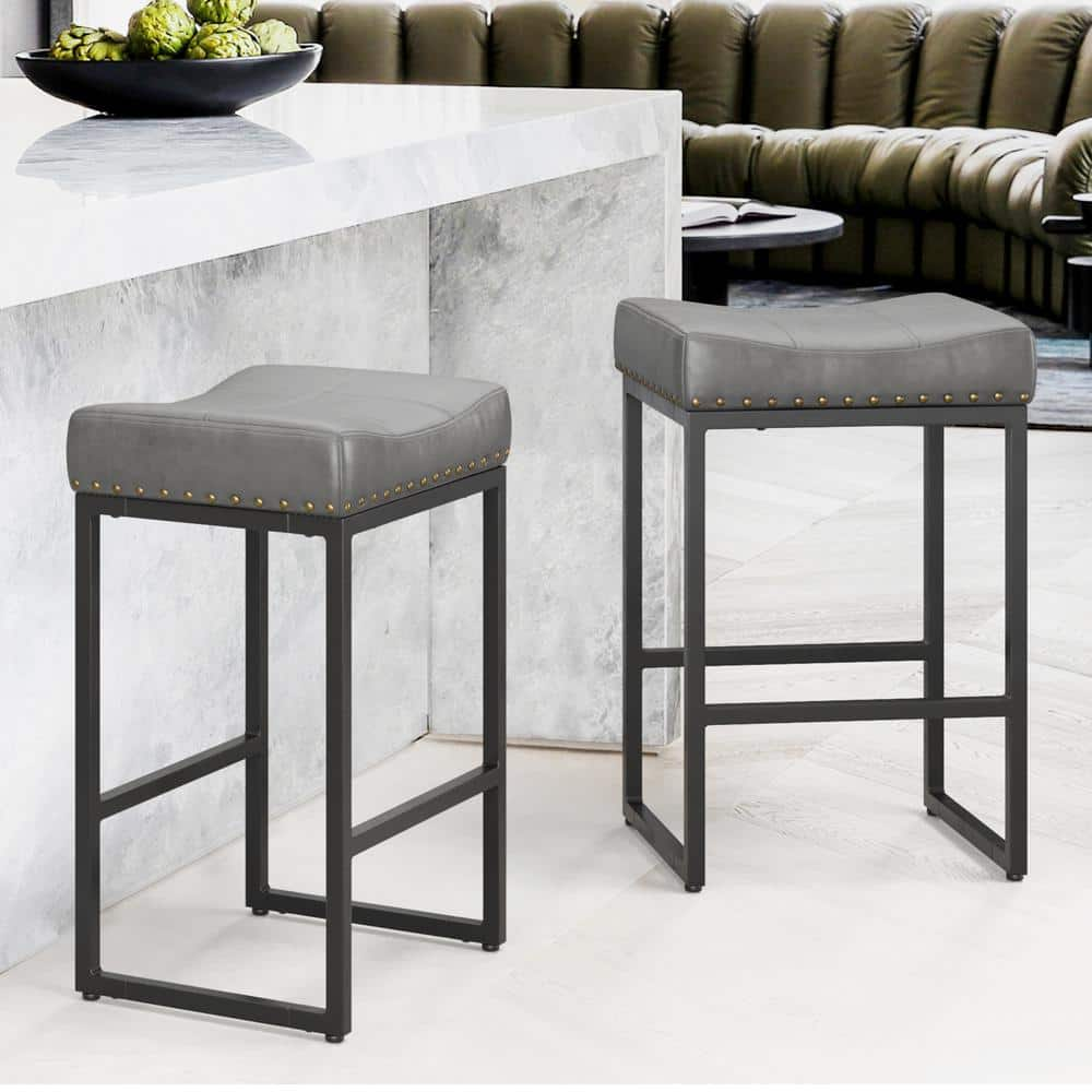 LUE BONA 24 in. Gray Cusioned Backless Saddle Faux Leather Bar Stools with Metal Frame(Set of 2) LB22CH0003-500