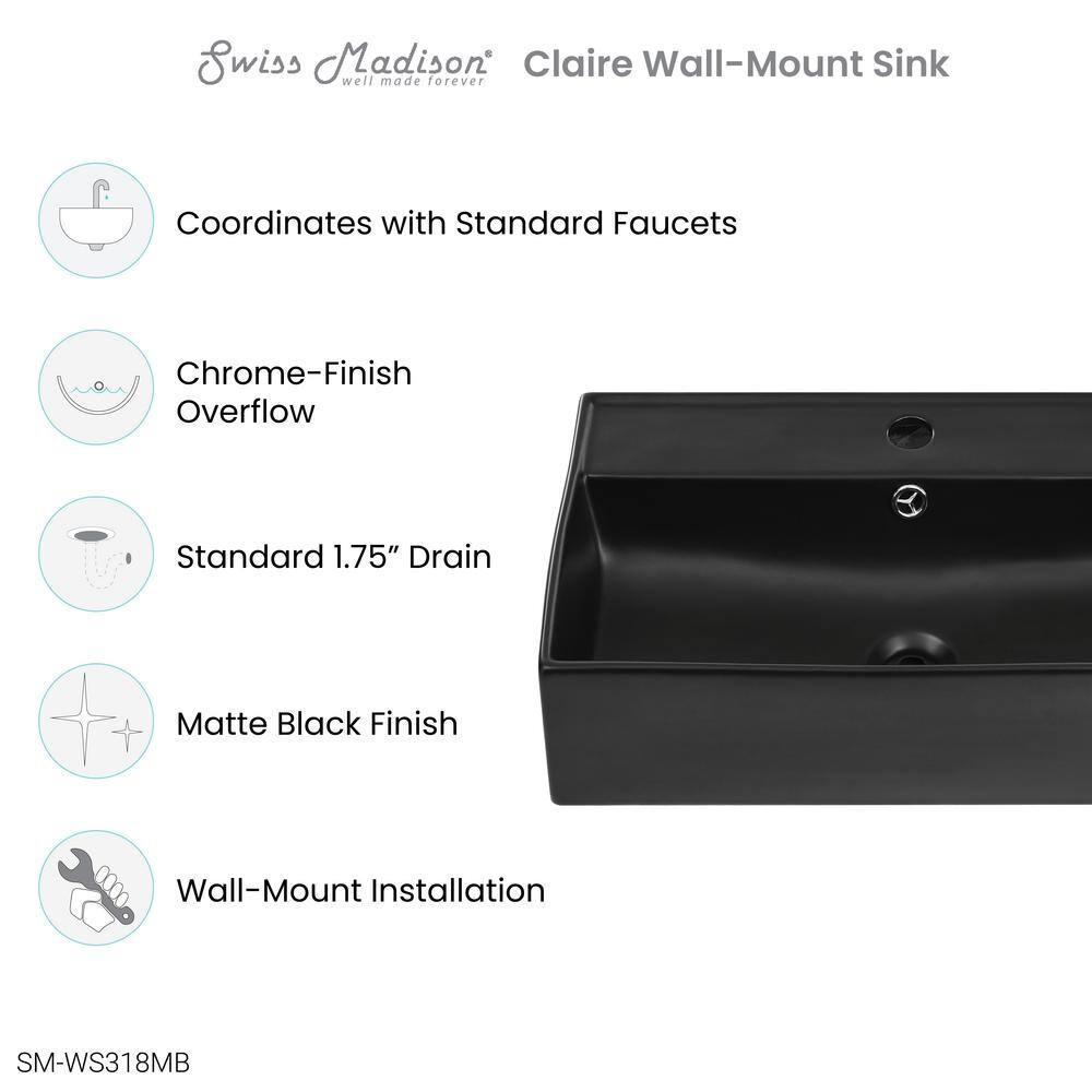 Swiss Madison Claire 22 in. Ceramic Rectangle Wall-Mount Vessel Bathroom Sink in Matte Black SM-WS318MB