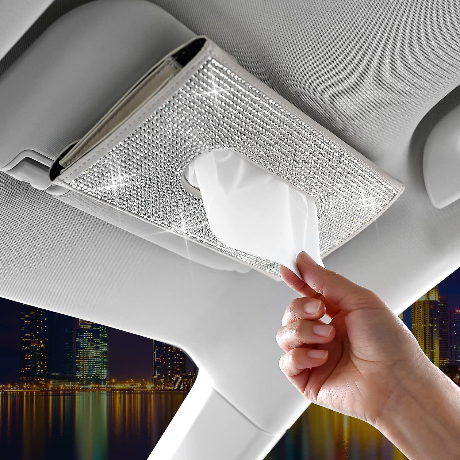 Bling Bling Car Sun Visor Tissue Box Holder，crystal Sparkling Napkin Holder，pu Leather Backseat Tissue Case Car Accessories For Women， Beige