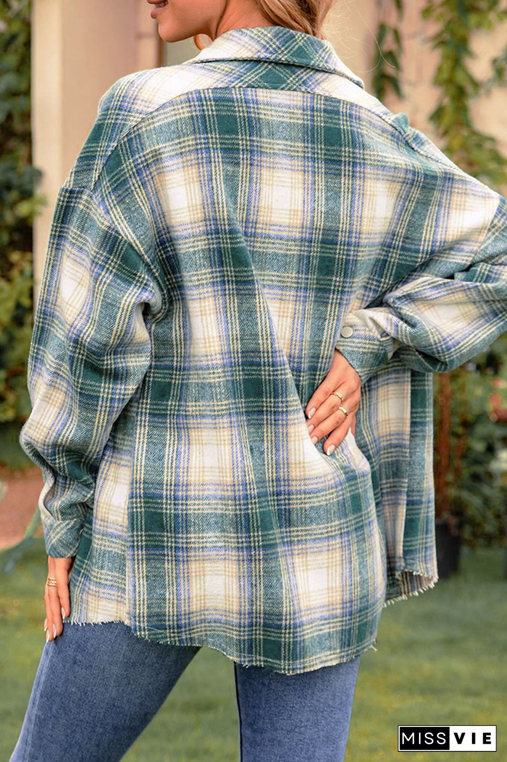 Plaid Front Open Button Raw Trim Jackets