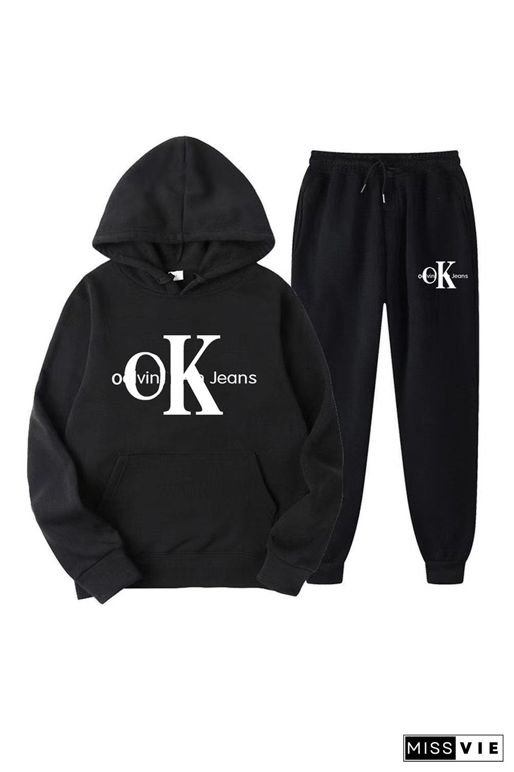 Letter Print Kangaroo Pocket Hoodie & Drawstring Pants Set