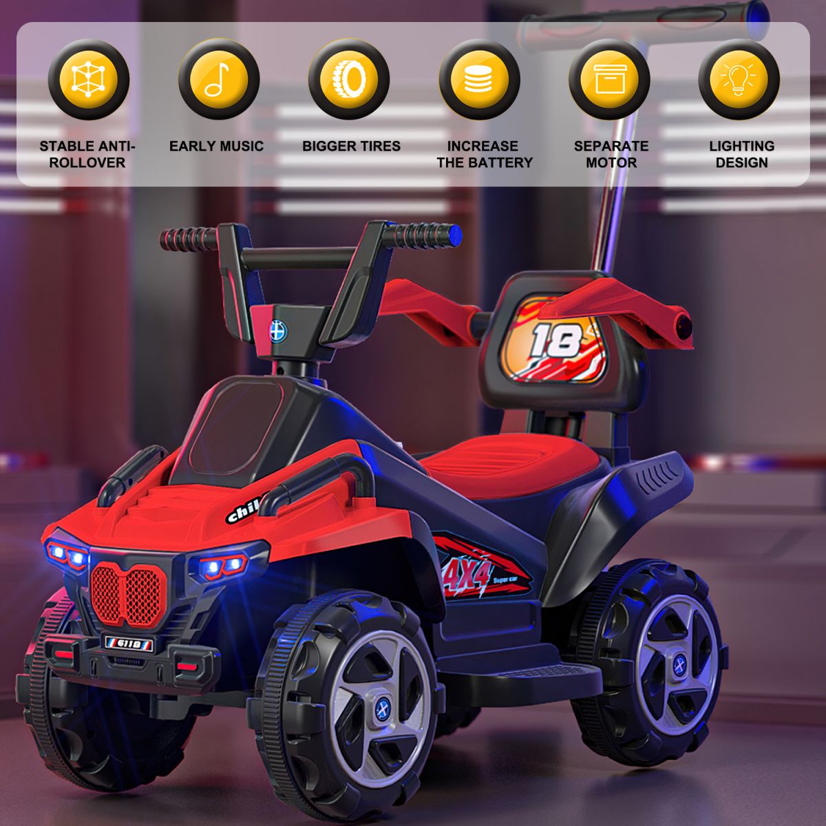 Toys Kids Bikes Riding Toys 6V Kids Ride-On Electric ATV, 4-Wheeler Quad Car Toy with LED Headlights, Bluetooth