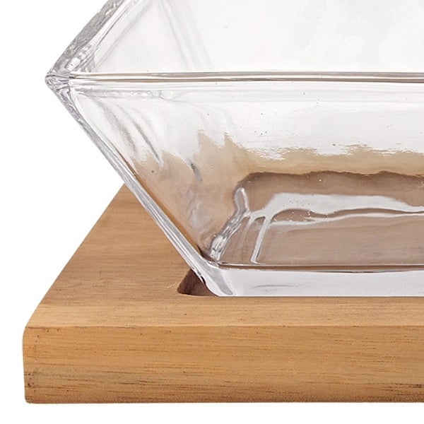 4 Mouth Blown Crystal Hostess Set 4 pc With 3 Glass Condiment or Dip Bowls on a Wood Tray - 5 W x 5 D x 12 H