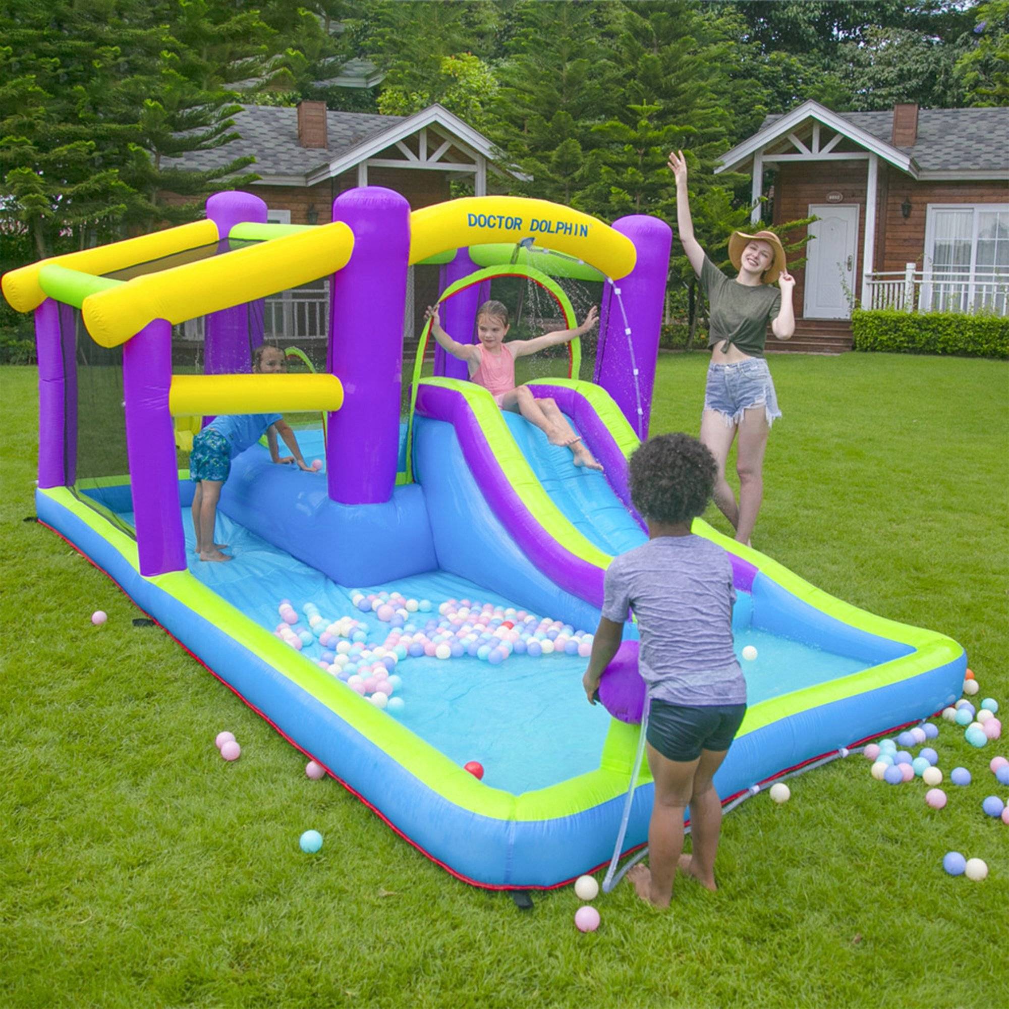 Kids Inflatable Water Slide, 5-in-1 Inflatable Water Bounce House with Pool/Slide/450W Blower/Ground Stake/Water Pipe, Indoor Slide Bounce Castle Jumping Castle for Fun