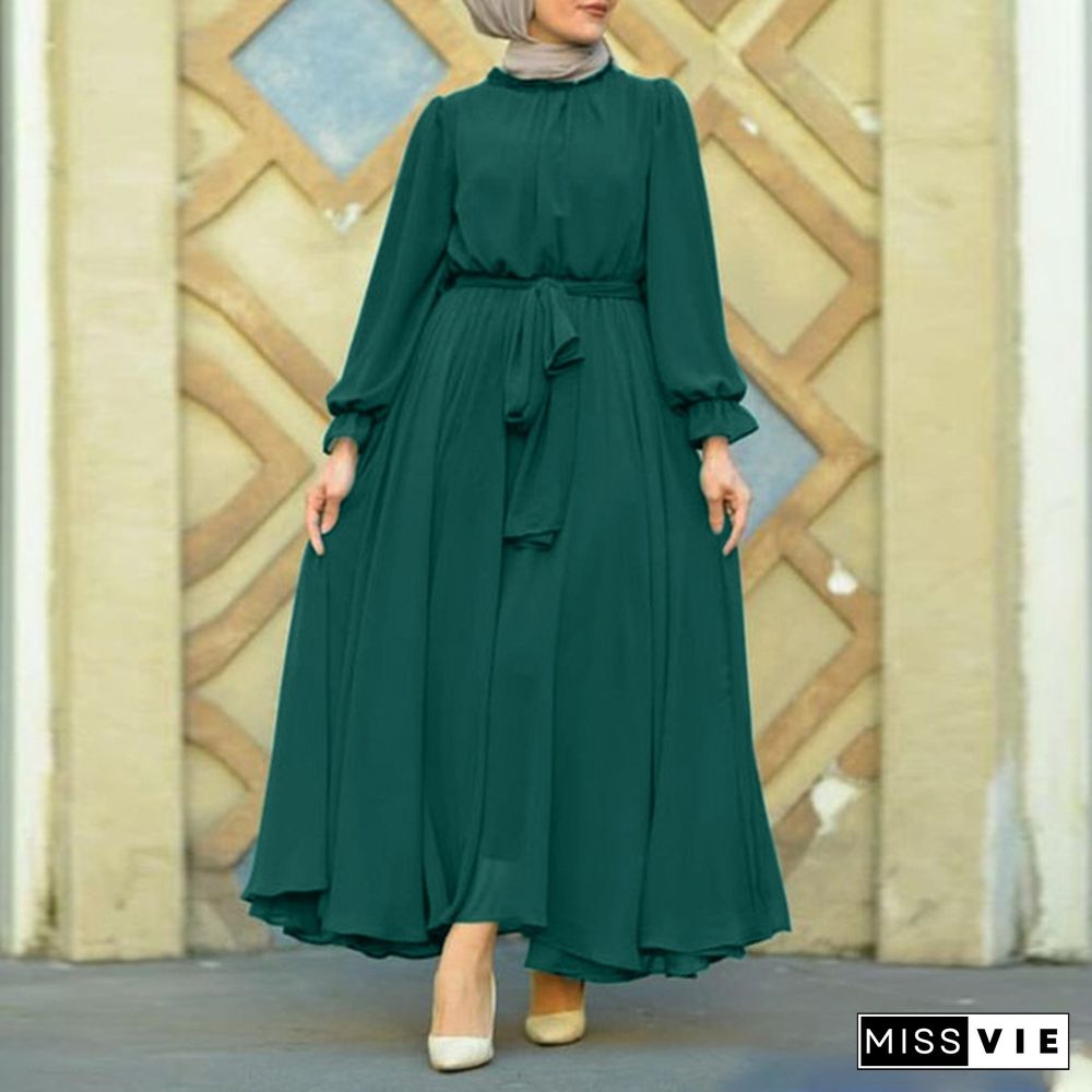 ZANZEA Elegant Spring Long Sleeve Solid Maxi Long Dress Women Sundress Abaya Muslim Robe Lace Up Vestido