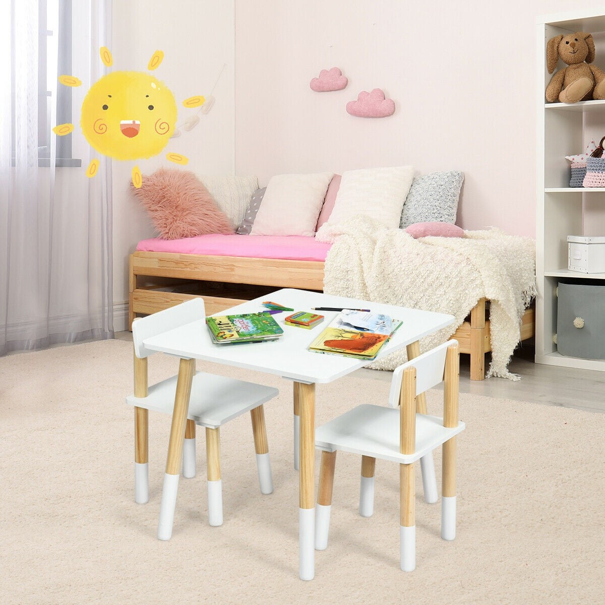 Costzon Kids Table and Chair Set, Wooden Table Furniture for Toddler Drawing Reading Arts Crafts Snack Time