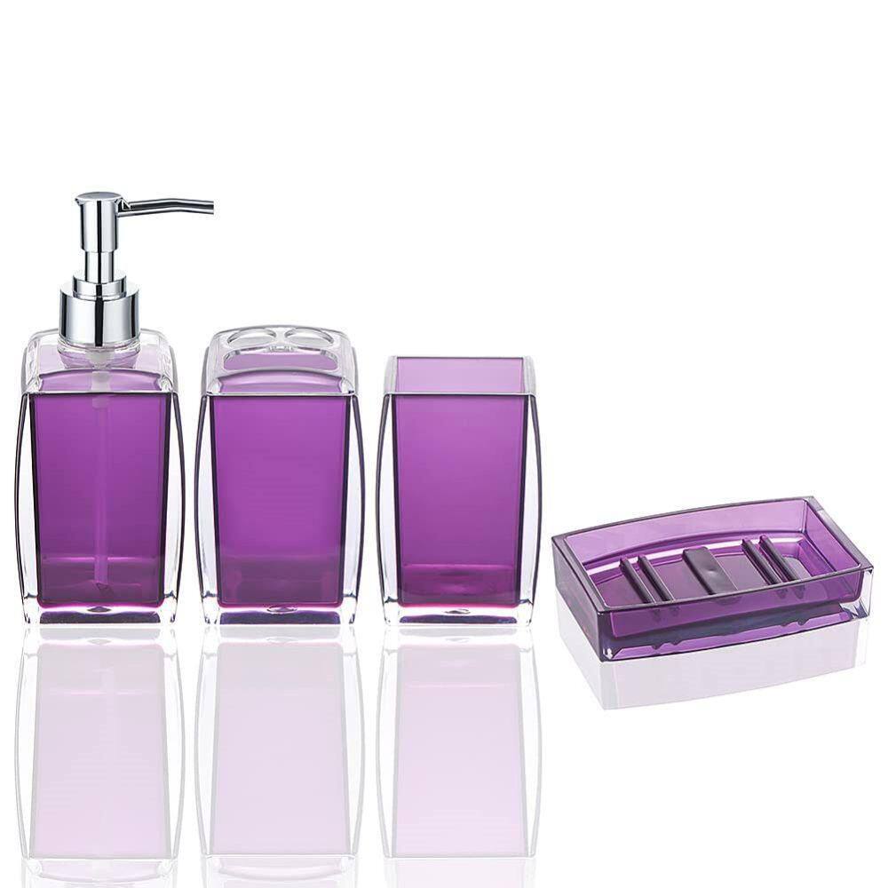 Dracelo 4-Piece Bathroom Accessory Set with Toothbrush Holder Toothbrush Cup Soap Lotion Dispenser Soap Dish in Purple B0B1J56DFT