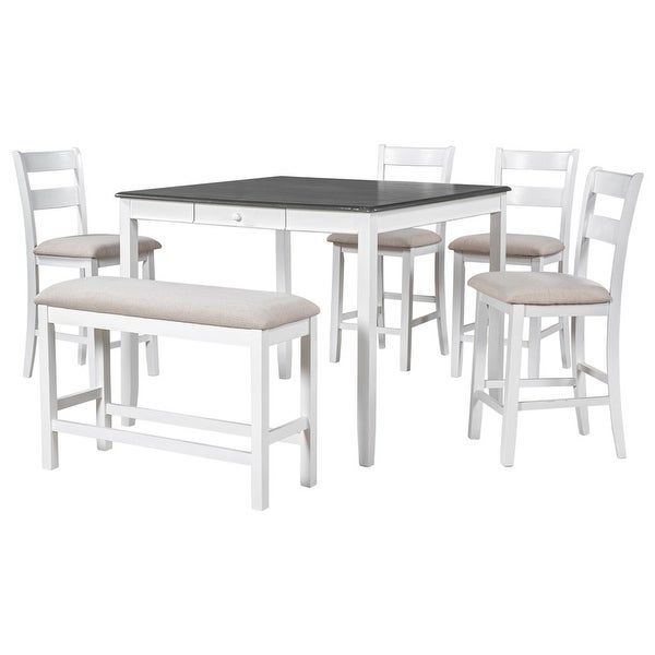 Wooden 6-piece dining table with storage drawers， counter height square kitchen with upholstered chairs and benches