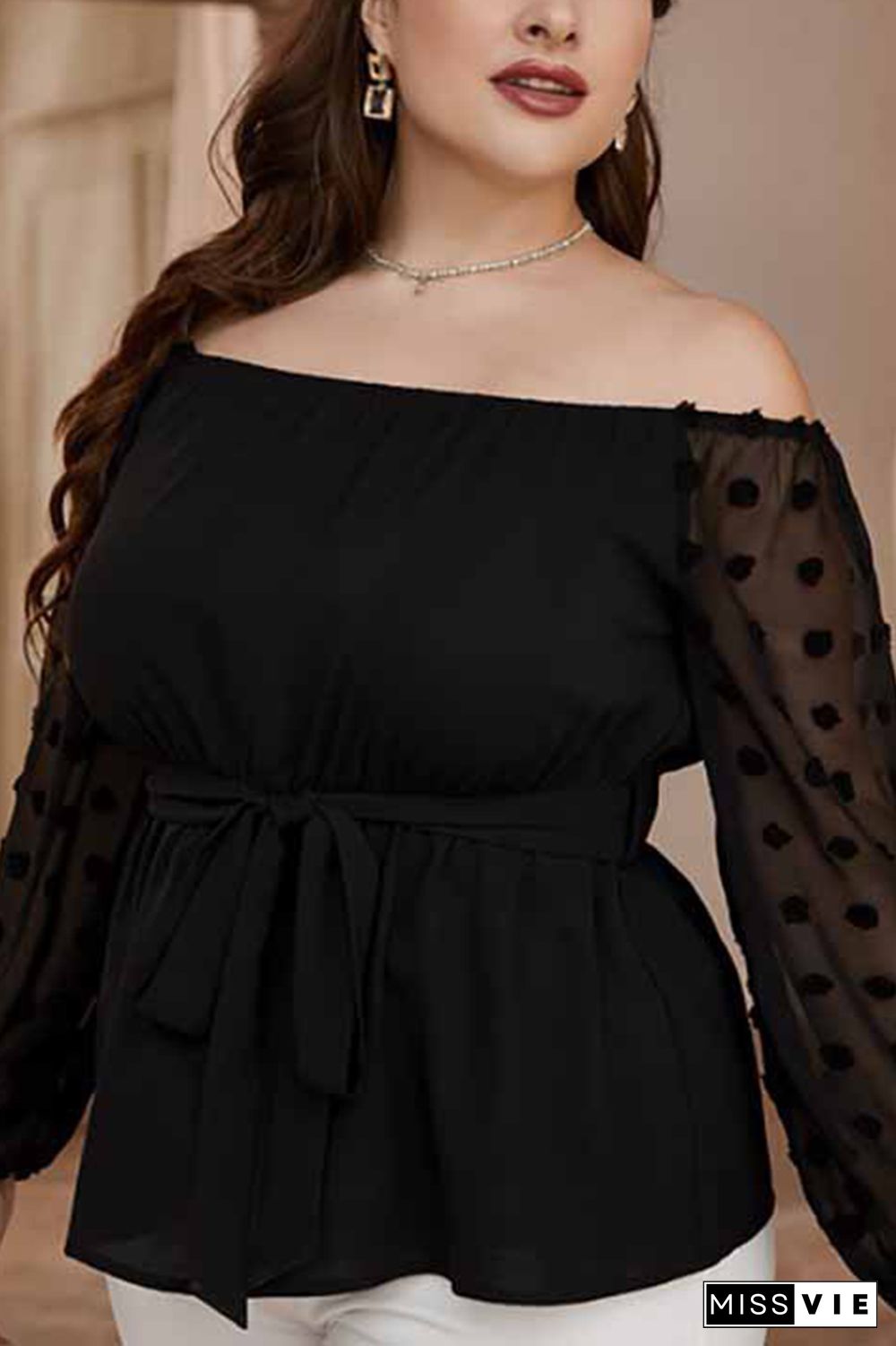 Off Shoulder Waistband Spot Texture Long Sleeves Plus Size Top