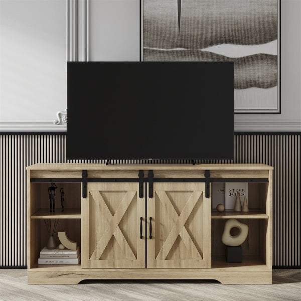 TV Stand Sliding Barn Door，Adjustable Shelves for TVs Up to 65