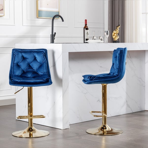 Set of 2 Bar Stools，with Chrome Footrest and Base Swivel Height Adjustable Mechanical Lifting Velvet and Golden Leg