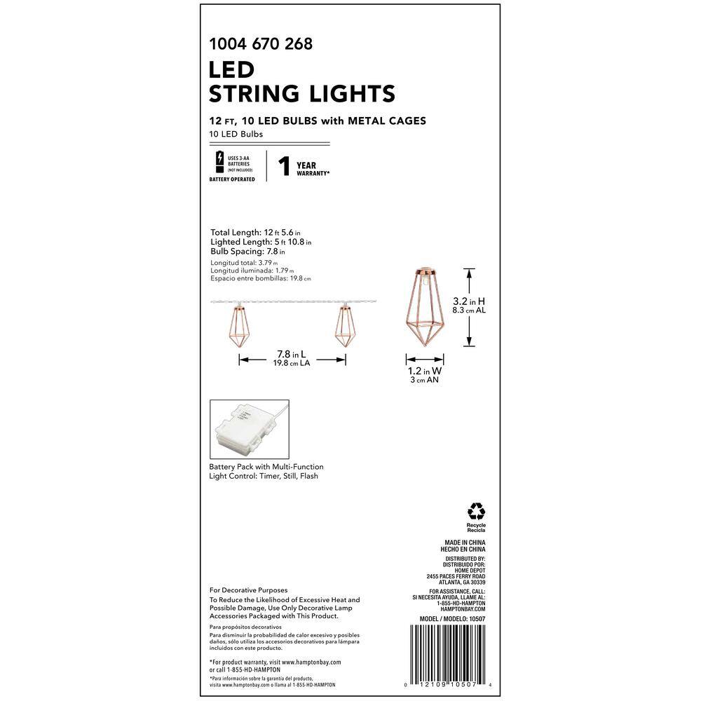 Hampton Bay 12 ft. 10-Light Battery Operated Metal Indoor Integrated LED String Lights 10507