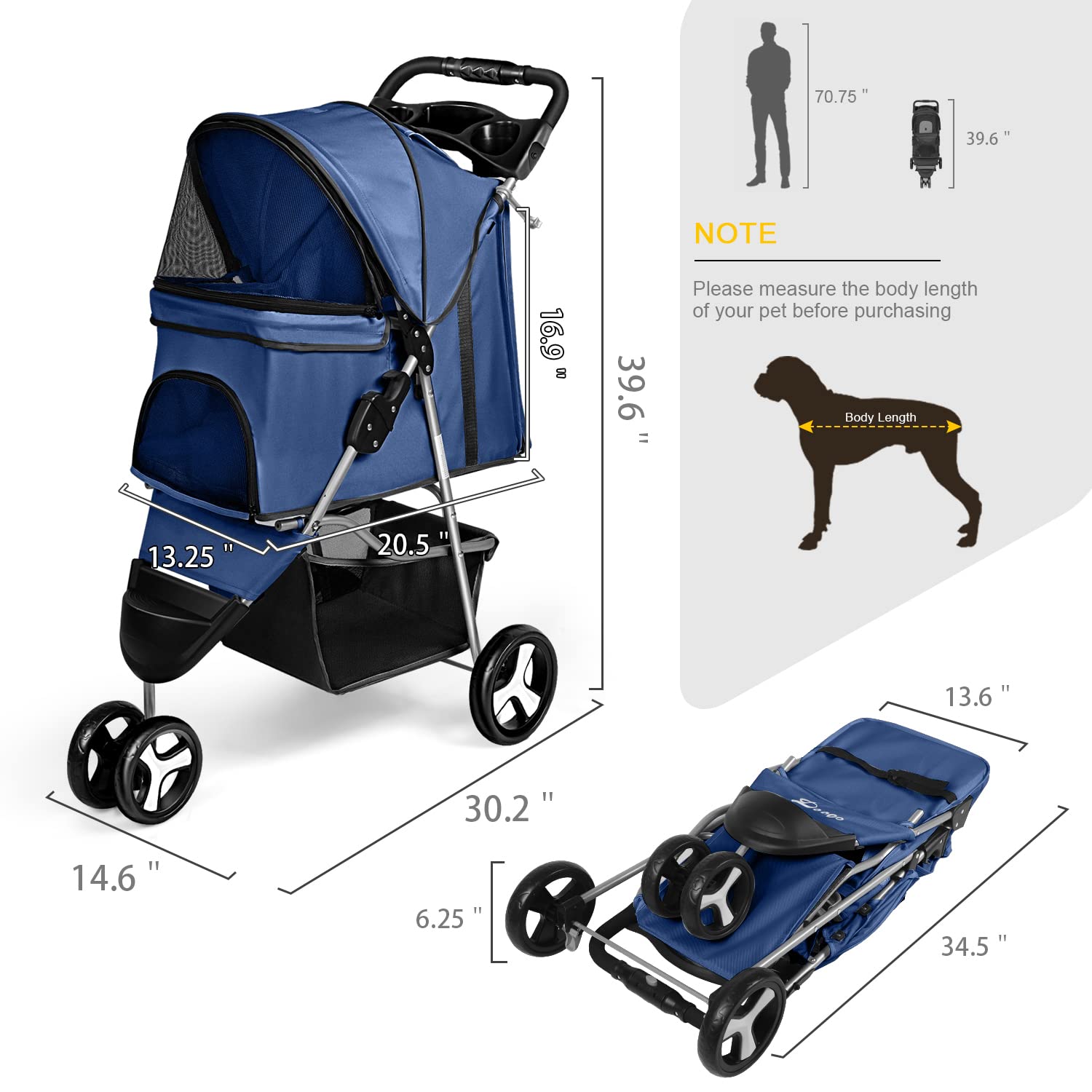 Pet Stroller 3 Wheel Foldable Cat Dog Stroller with Storage Basket and Cup Holder for Small and Medium Cats， Dogs， Puppy (Blue)