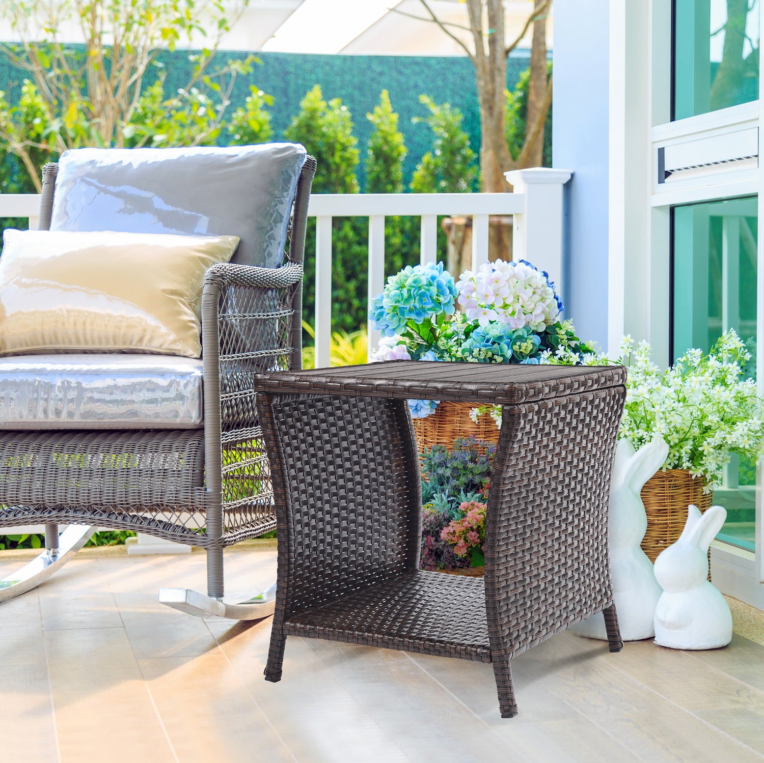 Outdoor Side Table for Patio Small Rattan Wicker Coffee Table Balcony Table Outside end Table with Poly Lumber Table top & Storage Bistro Table for Garden Pouch Deck Living Room Backyard Brown