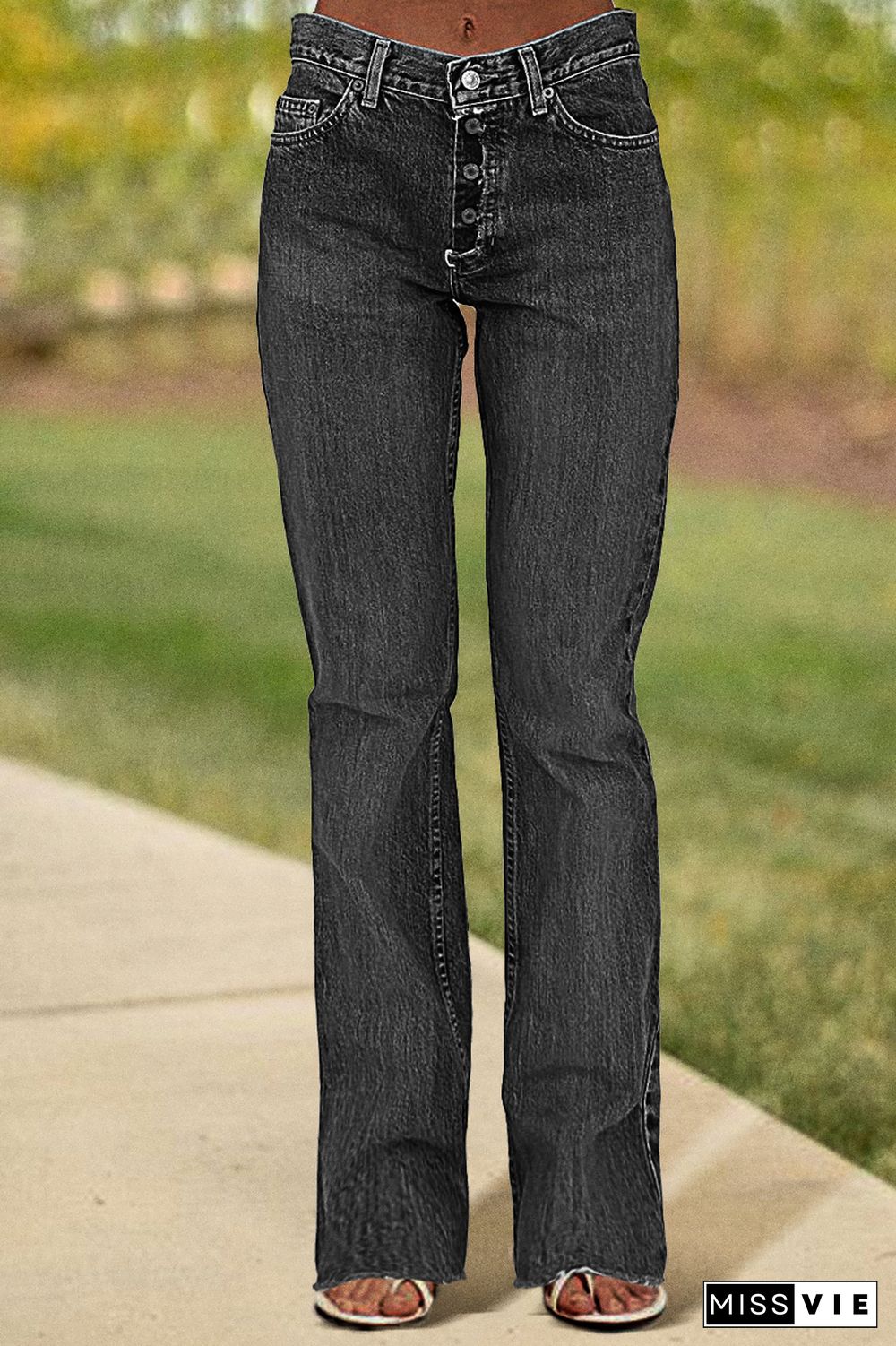 Button Fly Mid Waist Straight Leg Jeans