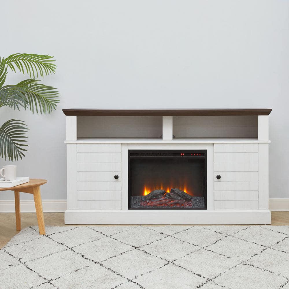 Teamson Home Eliana 60 in Electric Fireplace TV Stand Console with 23 in Insert and Remote Control in Dark Oak and White