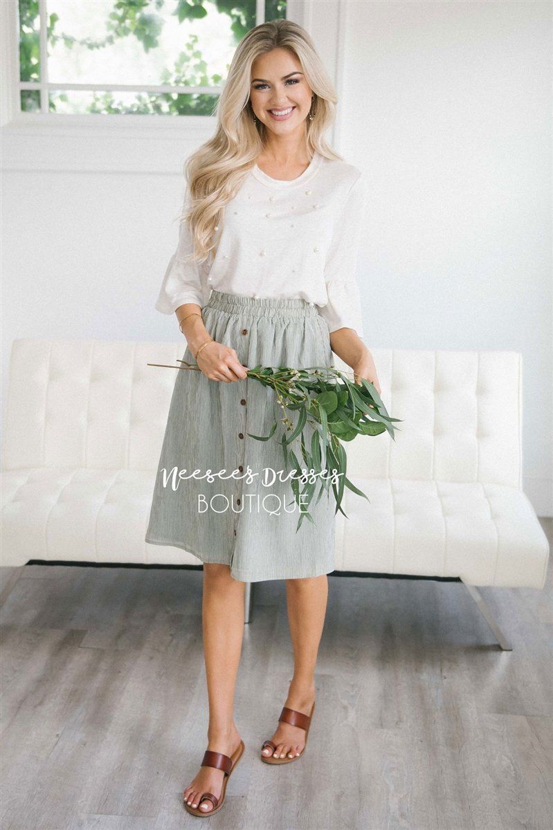 Sage Pinstripe Button Detail Skirt