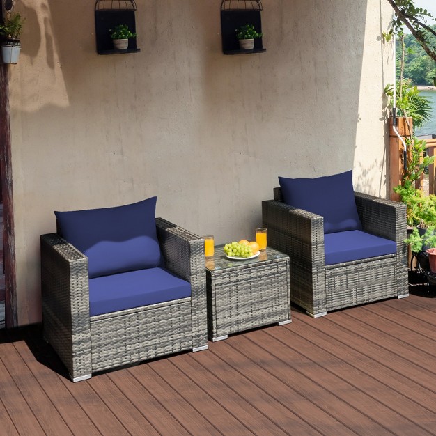 Tangkula 3 piece Patio Wicker Conversation Set Bistro Rattan Sofa Chair With Washable Cushion