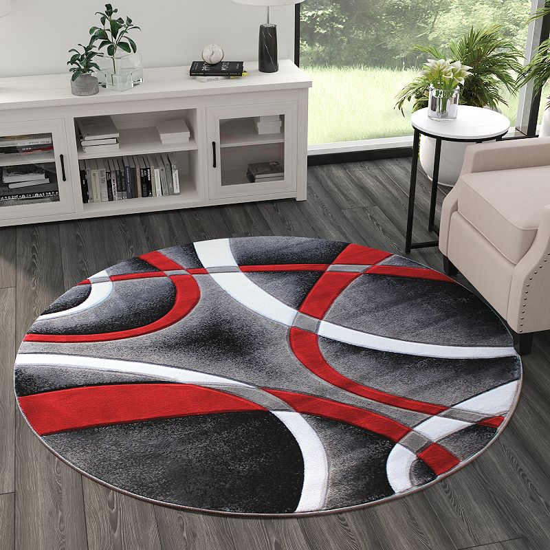 Masada Rugs Masada Rugs Sophia Collection 5'x5' Round Area Rug with Hand Carved Intersecting Arch Design in Red， White， Gray and Black