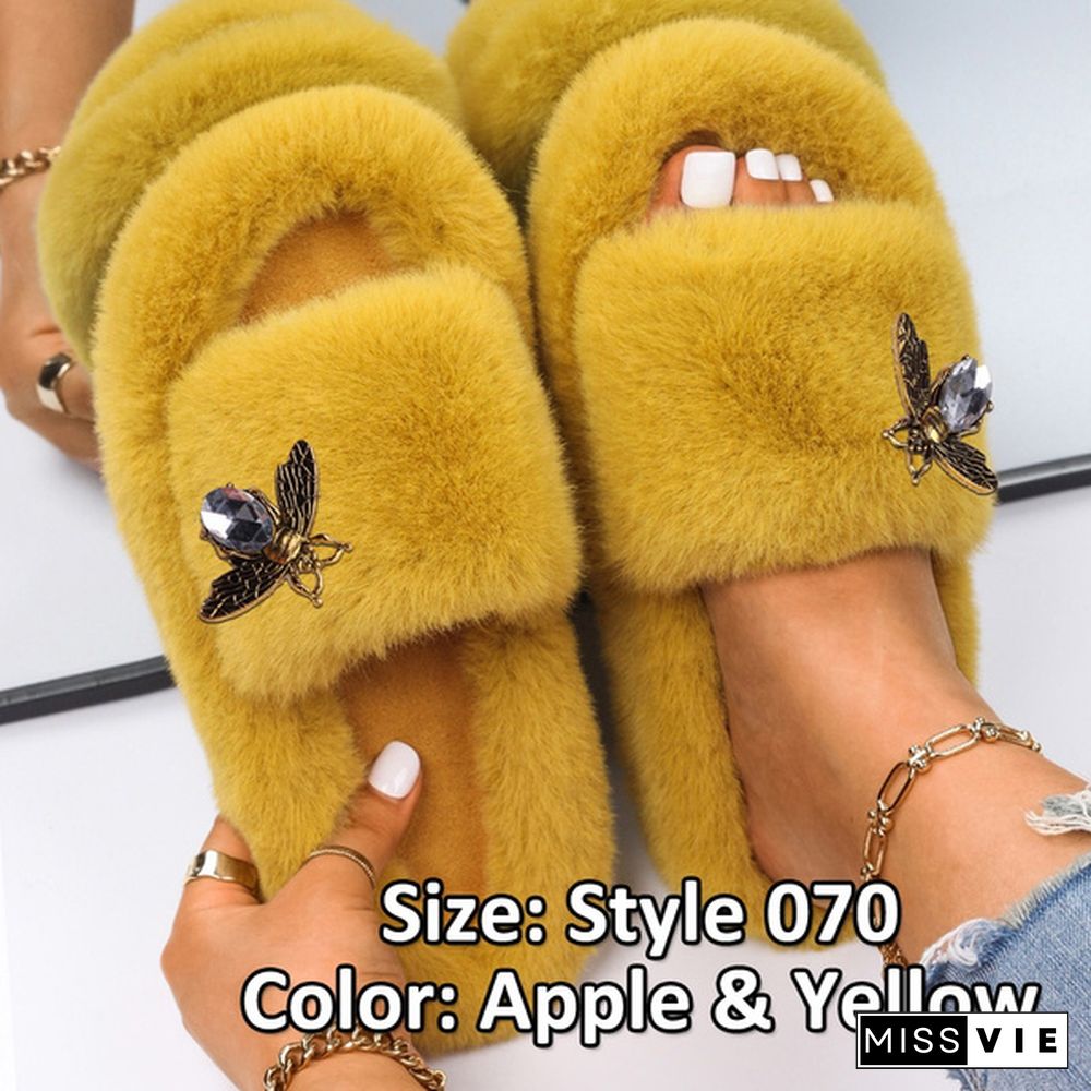 Fluffy Warm Women Home Slippers Fur Rhinestone Crystal Platform Shoes Indoor Flip Flops Female Soft Casual Slides Cotton Fur Slippers