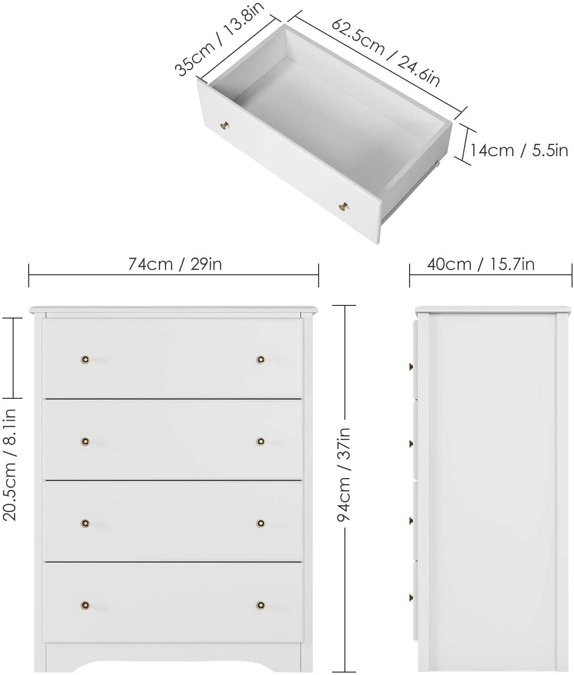 Homfa Dresser Chest, Modern Chest Organizer with 4 Drawers for Bedroom, White Finish