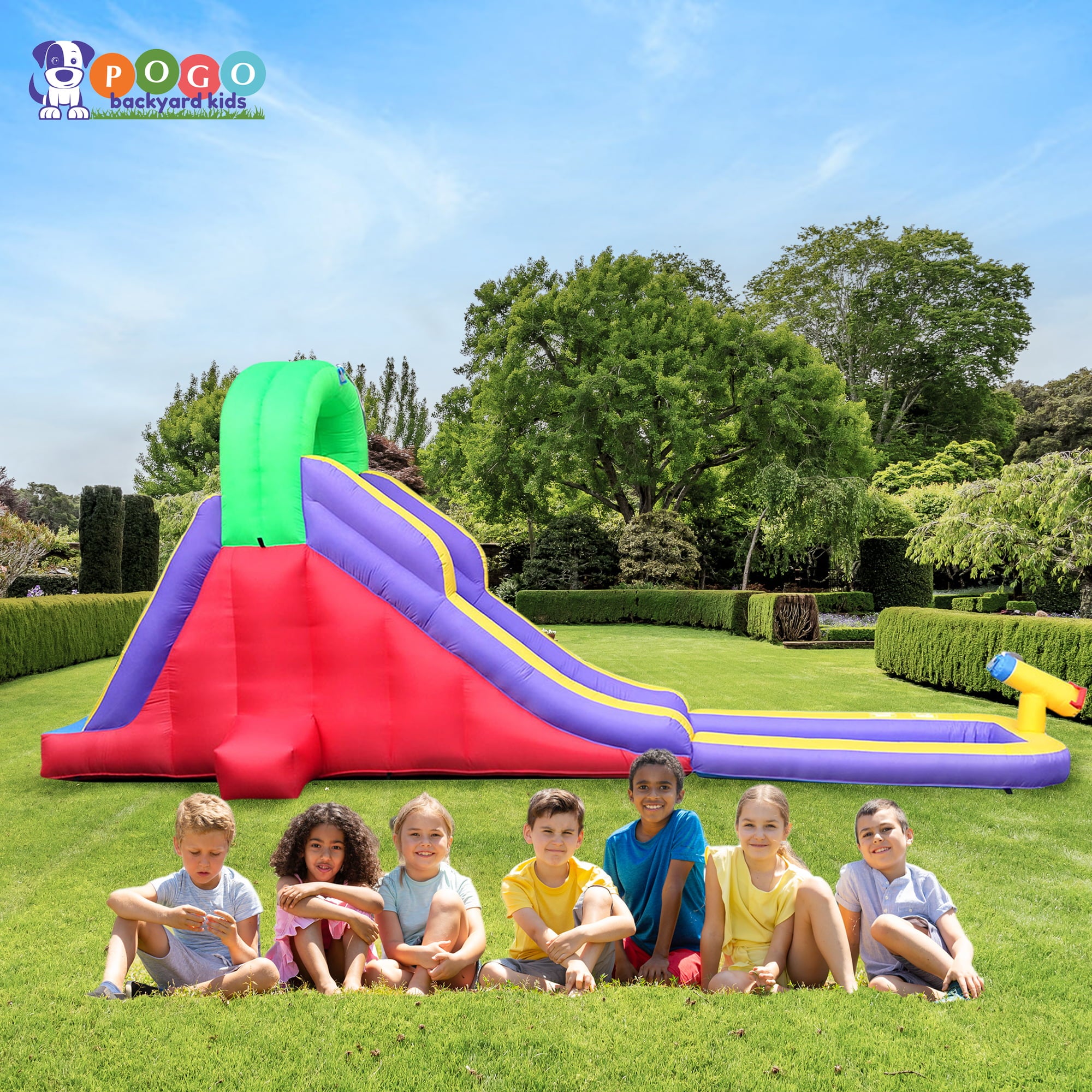 Pogo Bounce House Crossover Tropical Inflatable Water Slide, Backyard Party Package, 12 ft