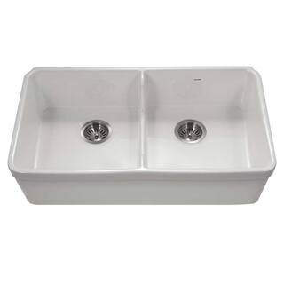 HOUZER Platus Undermount Fireclay 32 in. 5050 Double Bowl Kitchen Sink in White with Low Divide PTD-6400 WH